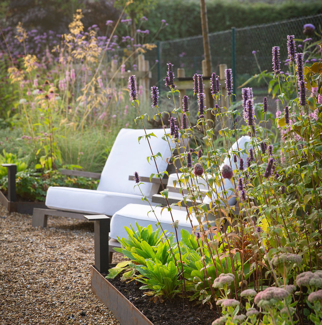 Walled garden with neat hedge, seating area and shrubbery.